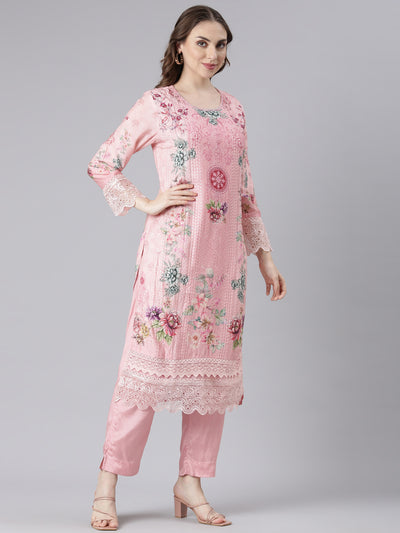 Neerus Pink Muslin Straight Casual Floral Kurta and Trouser with Dupatta