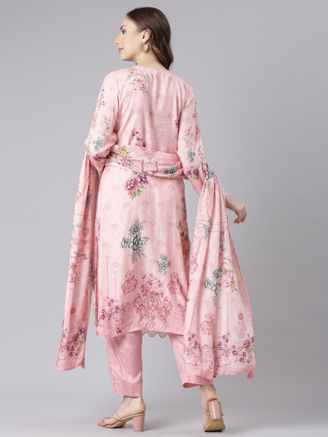 Neerus Pink Muslin Straight Casual Floral Kurta and Trouser with Dupatta