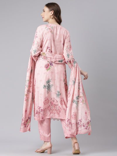 Neerus Pink Muslin Straight Casual Floral Kurta and Trouser with Dupatta