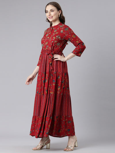 Neerus Red Viscose Rayon Straight Casual Floral Maxi Dresses