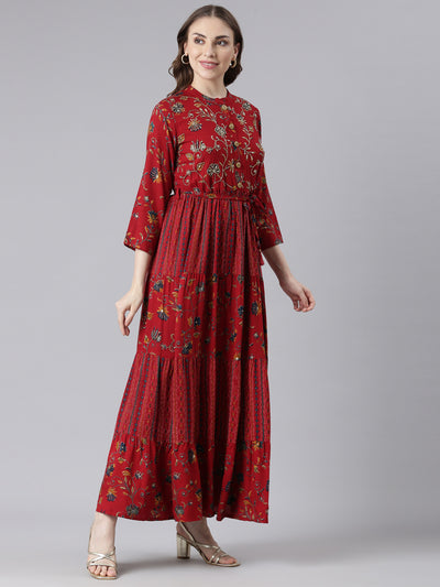 Neerus Red Viscose Rayon Straight Casual Floral Maxi Dresses