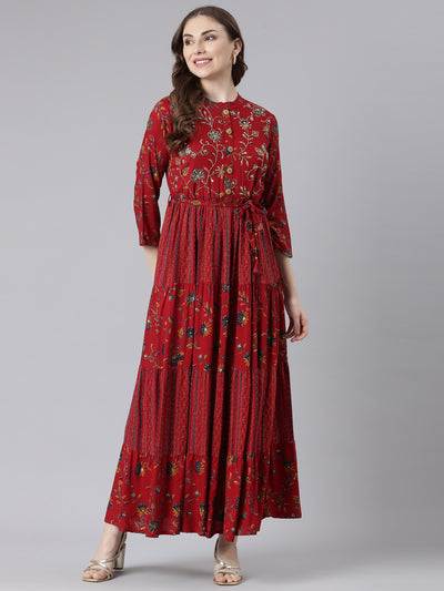 Neerus Red Viscose Rayon Straight Casual Floral Maxi Dresses