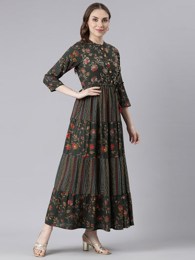 Neerus Olive Viscose Rayon Straight Casual Floral Maxi Dresses