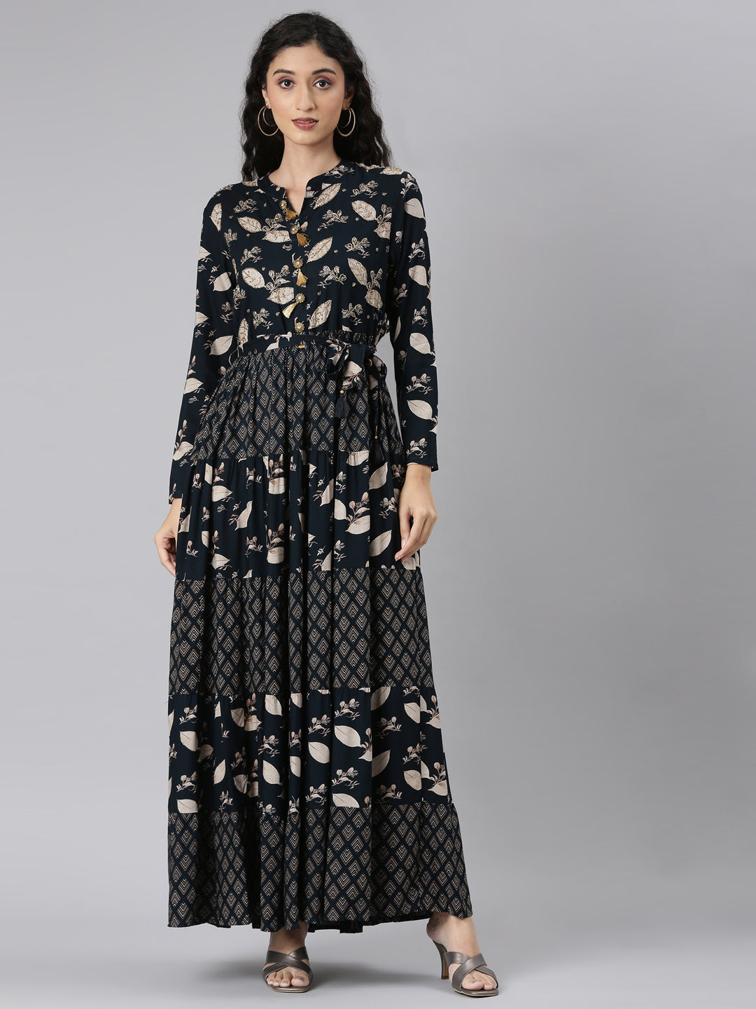 Neerus Navy Blue Curved Casual Floral Maxi Dresses