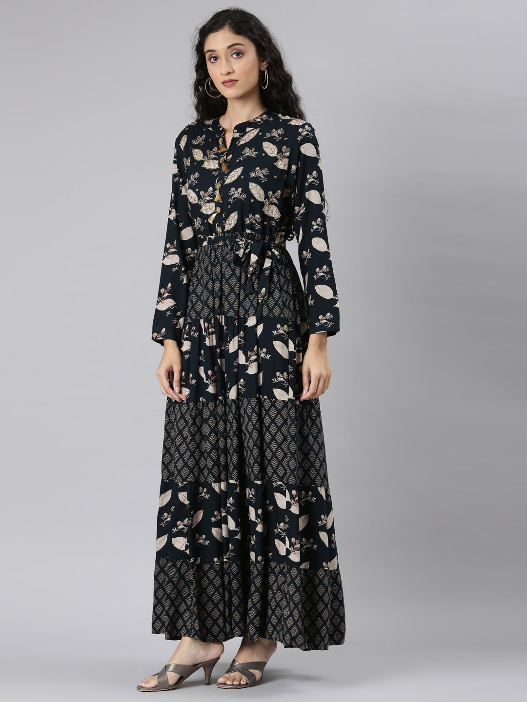 Neerus Navy Blue Curved Casual Floral Maxi Dresses