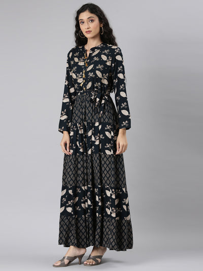 Neerus Navy Blue Curved Casual Floral Maxi Dresses