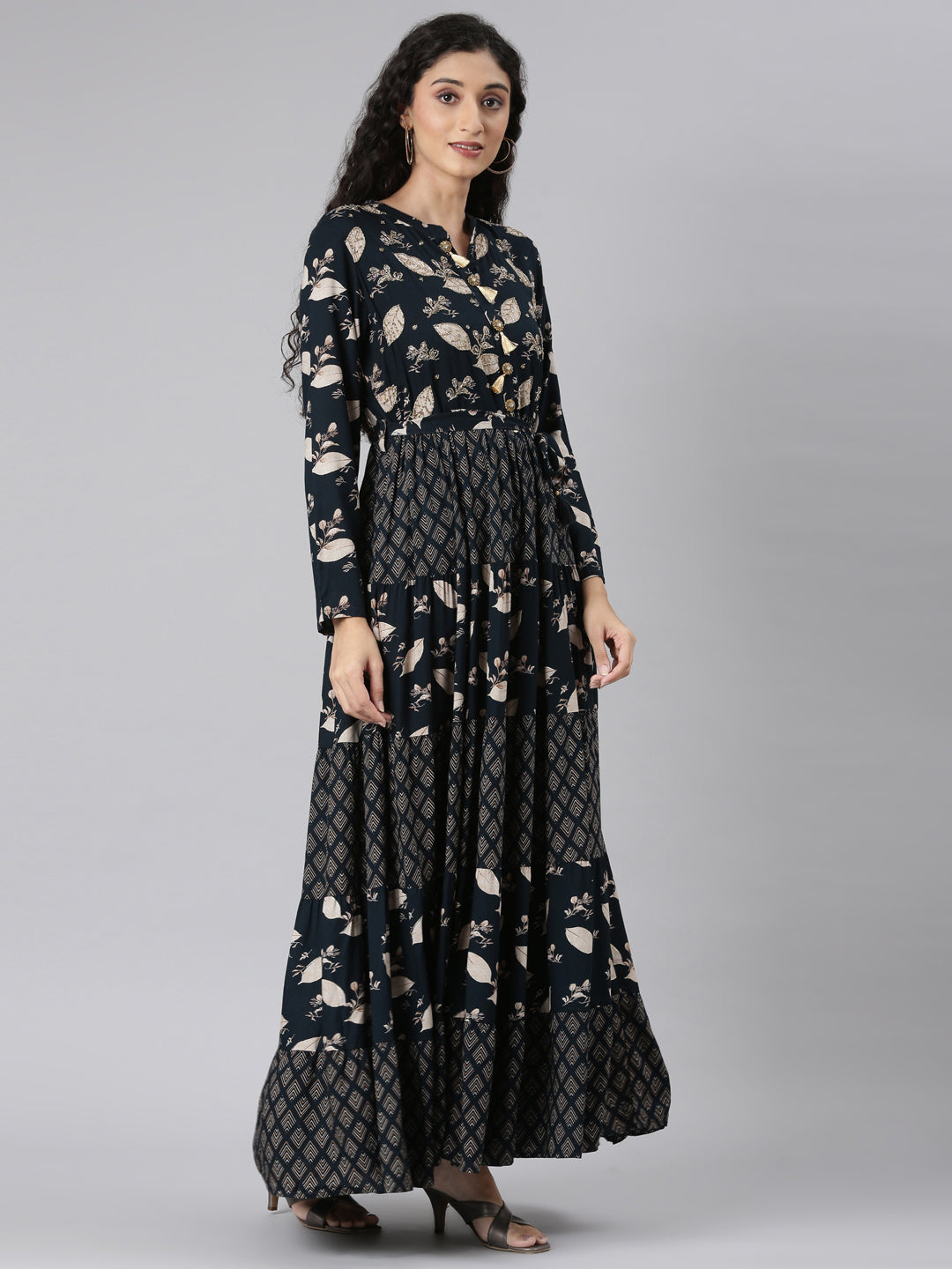 Neerus Navy Blue Curved Casual Floral Maxi Dresses