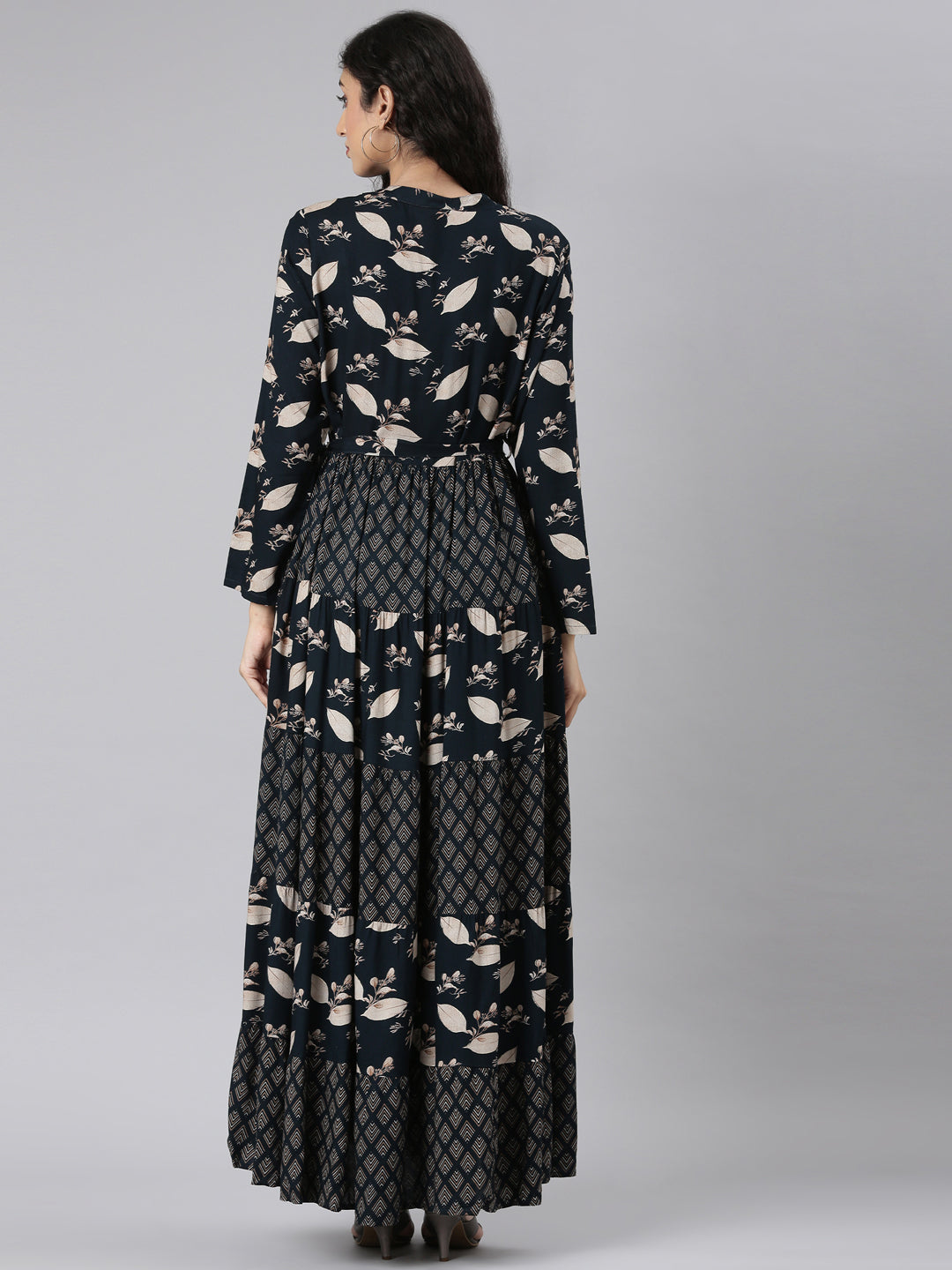 Neerus Navy Blue Curved Casual Floral Maxi Dresses