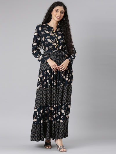 Neerus Navy Blue Curved Casual Floral Maxi Dresses