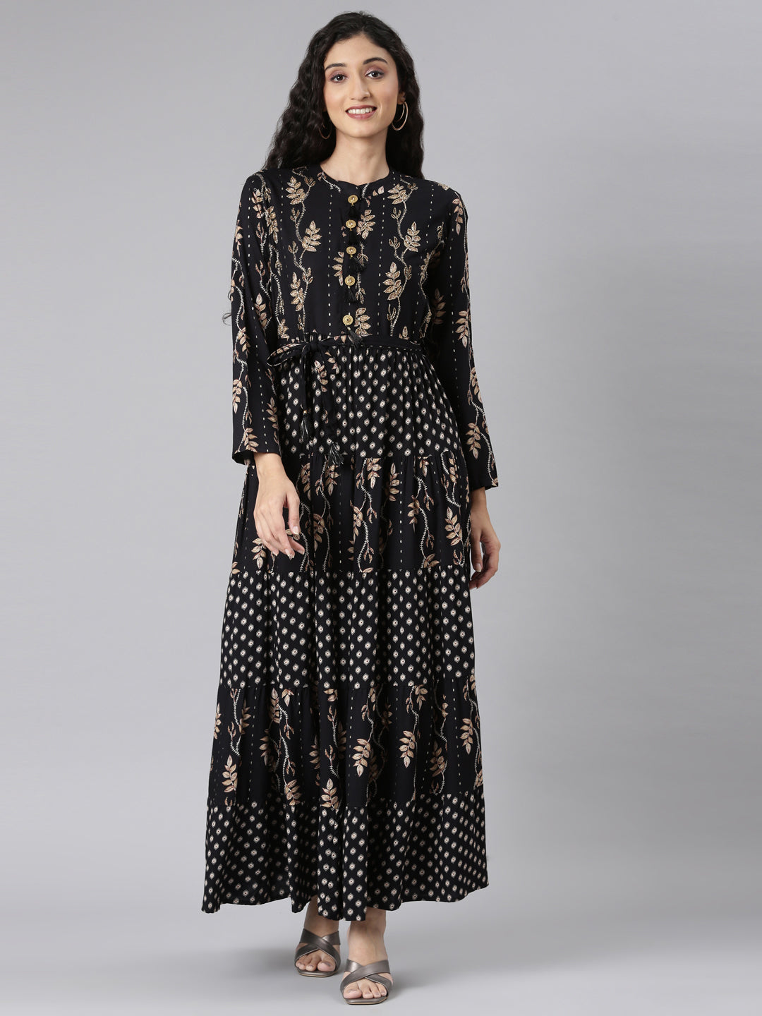 Neerus Black Curved Casual Floral Maxi Dresses