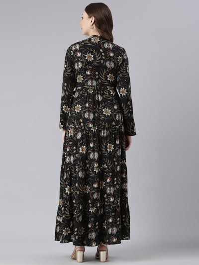 Neerus Black Viscose Rayon Curved Casual Floral Maxi Dresses.