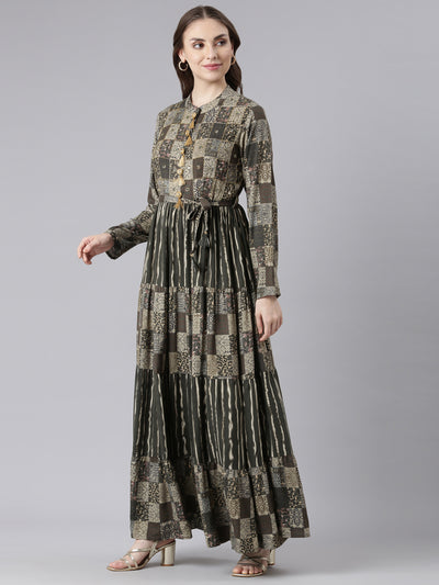 Neerus Olive Viscose Rayon Curved Casual Geometric Maxi Dresses.