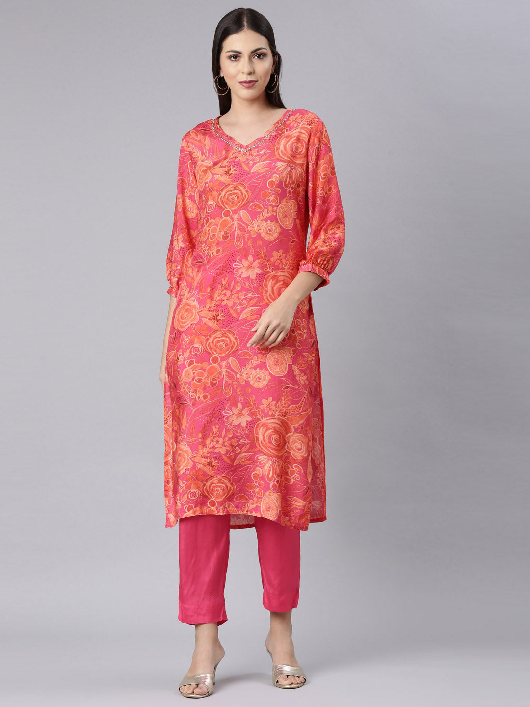 Neerus Red Casual Floral Straight Kurta and Trouser