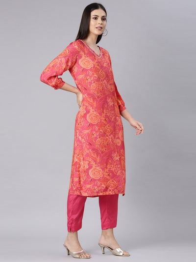 Neerus Red Casual Floral Straight Kurta and Trouser