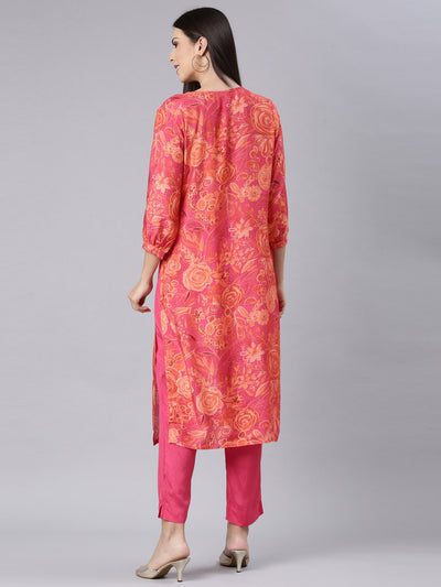 Neerus Red Casual Floral Straight Kurta and Trouser