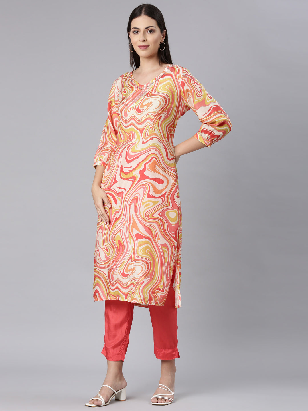 Neerus Cream Casual Straight Kurta and Trouser