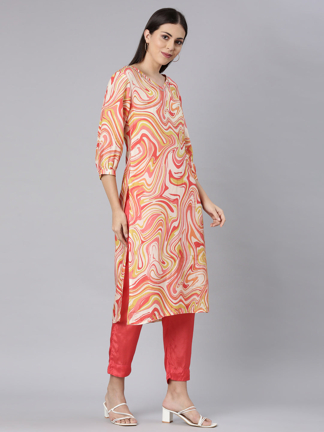 Neerus Cream Casual Straight Kurta and Trouser