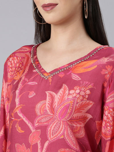 Neerus Magenta Casual Floral Straight Kurta and Trouser