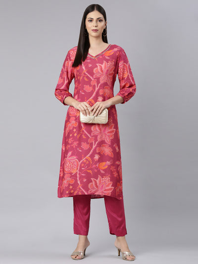 Neerus Magenta Casual Floral Straight Kurta and Trouser