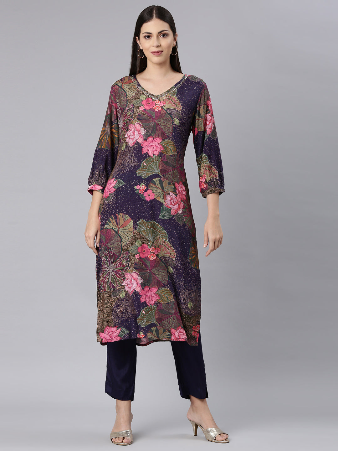 Neerus Purple Casual Floral Straight Kurta and Trouser