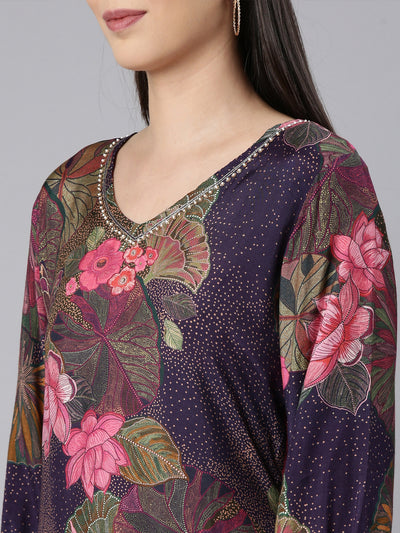 Neerus Purple Casual Floral Straight Kurta and Trouser