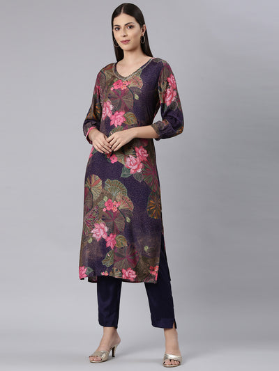 Neerus Purple Casual Floral Straight Kurta and Trouser