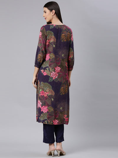 Neerus Purple Casual Floral Straight Kurta and Trouser