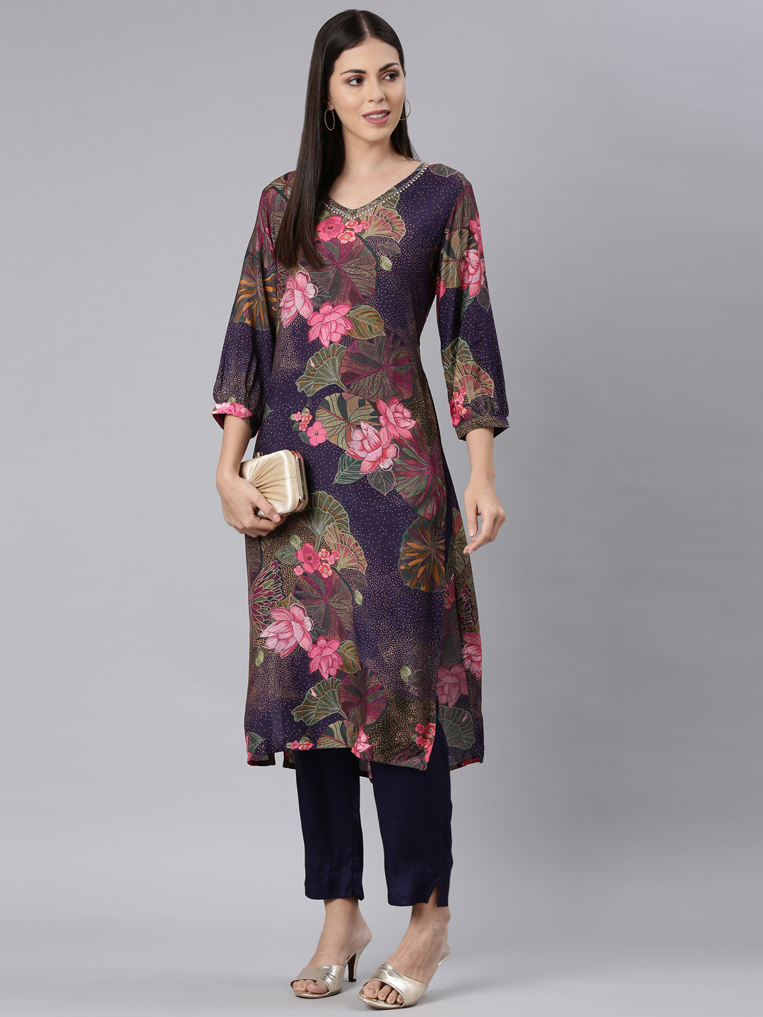 Neerus Purple Casual Floral Straight Kurta and Trouser