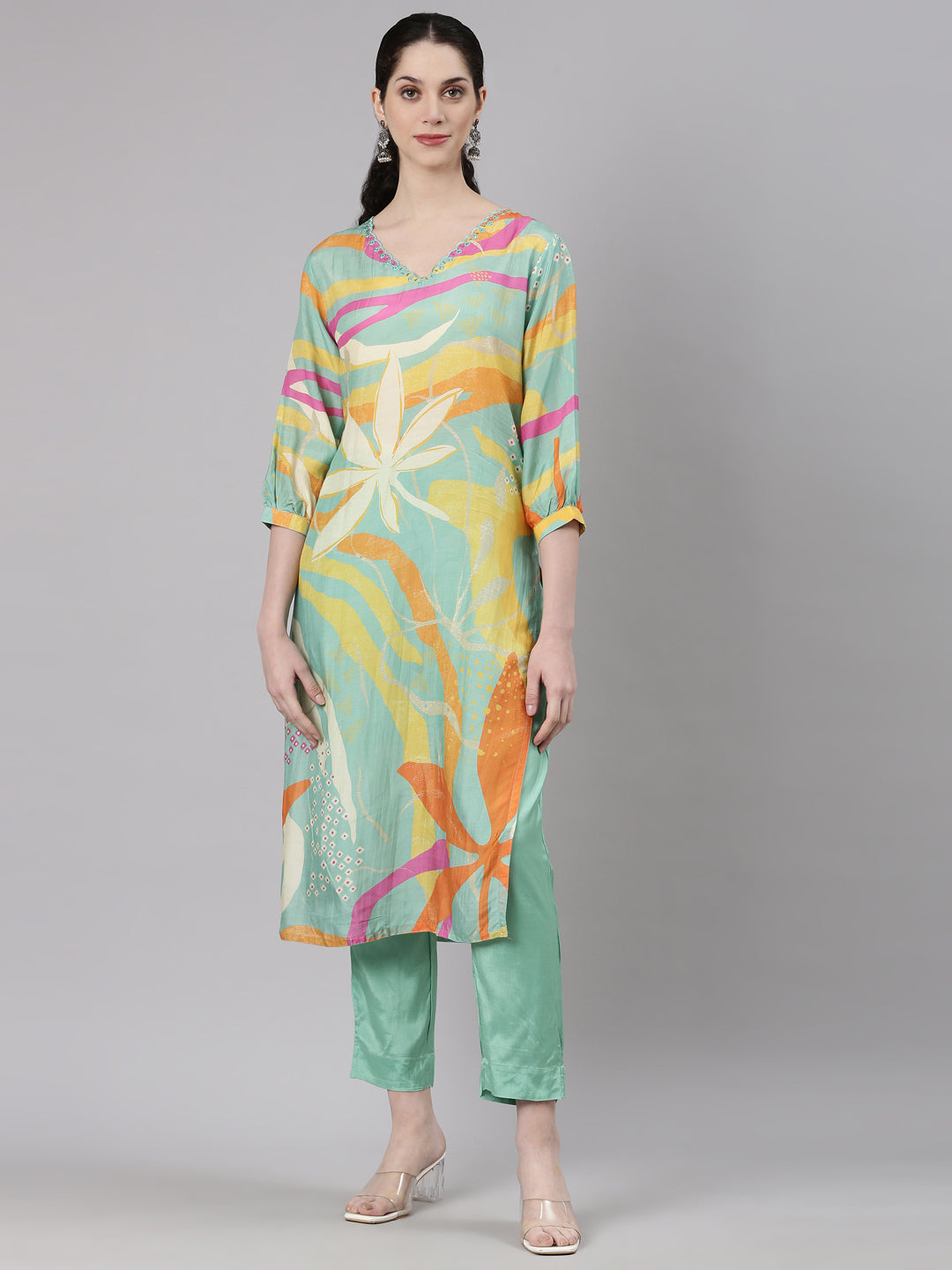 Neerus Blue Straight Casual Floral Kurta and Trouser