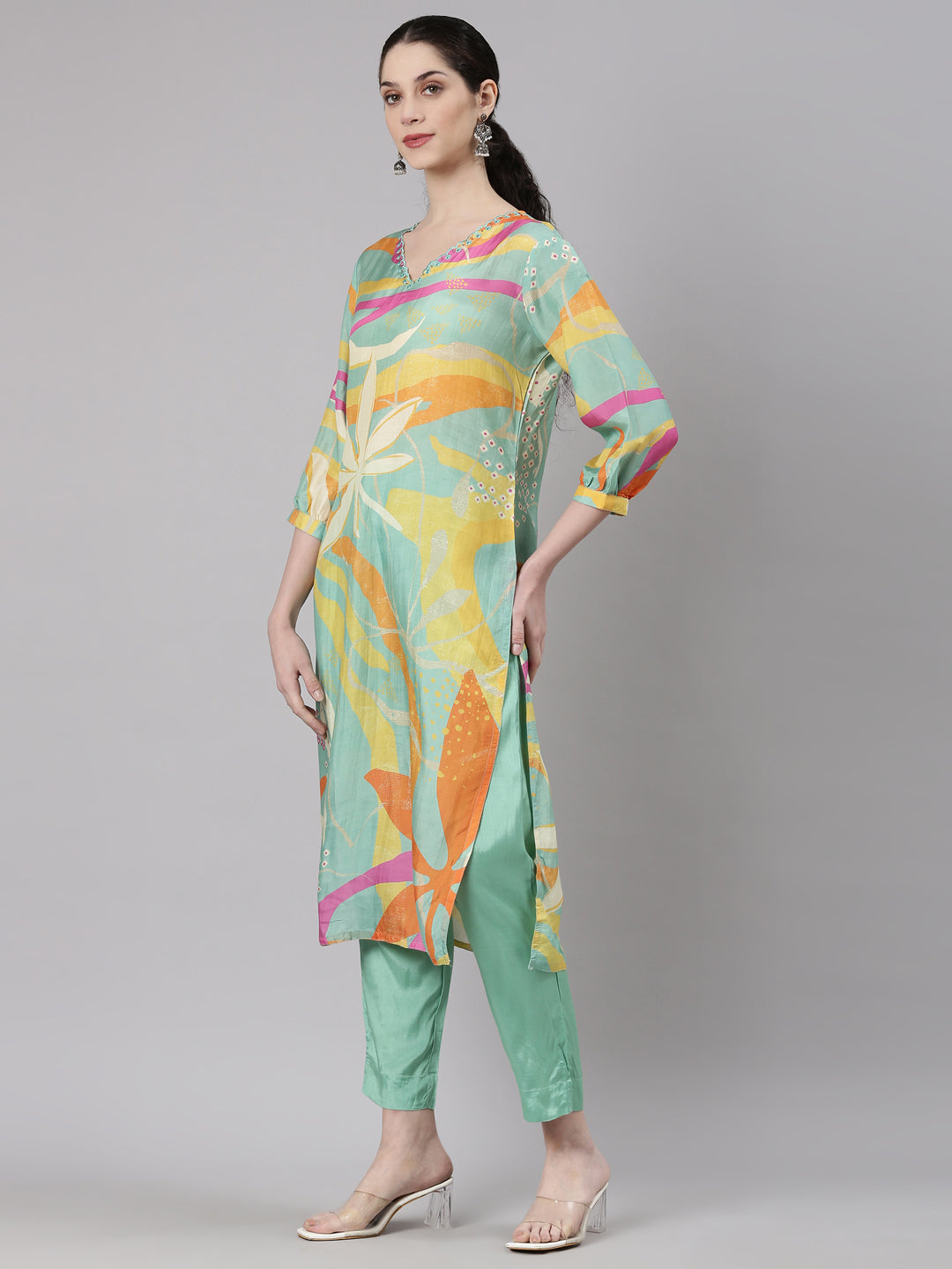 Neerus Blue Straight Casual Floral Kurta and Trouser