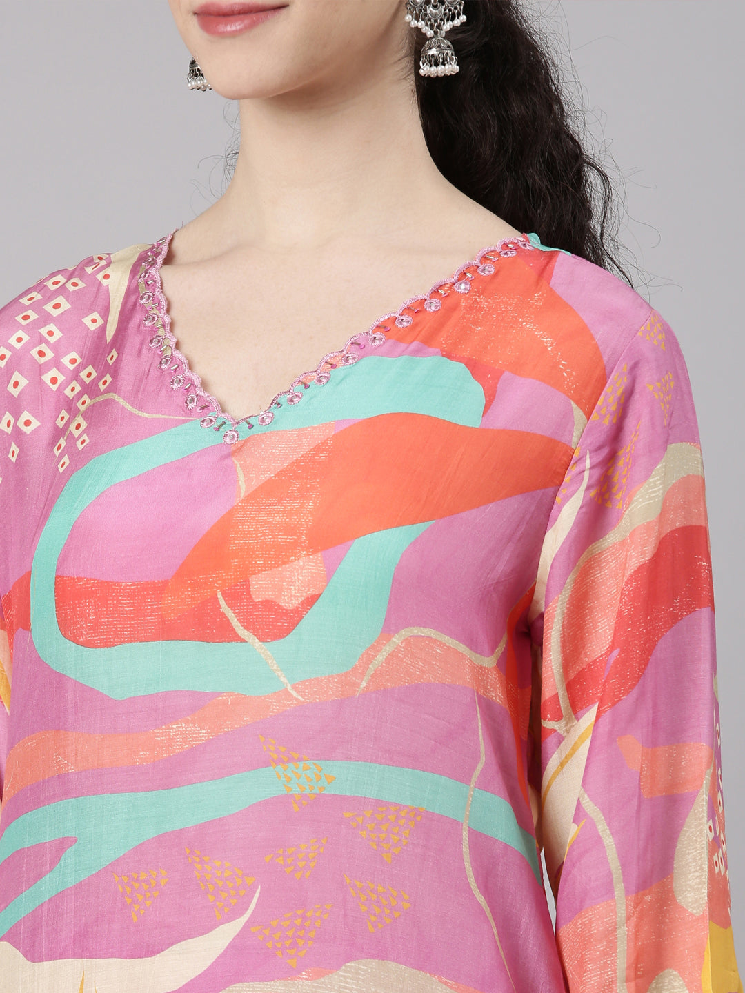 Neerus Pink Straight Casual Floral Kurta and Trouser