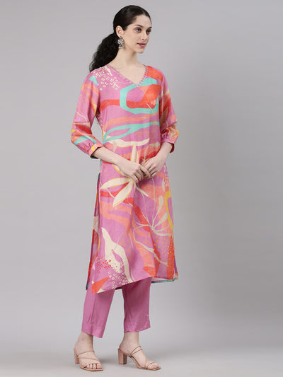 Neerus Pink Straight Casual Floral Kurta and Trouser