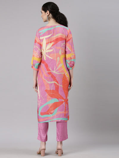 Neerus Pink Straight Casual Floral Kurta and Trouser