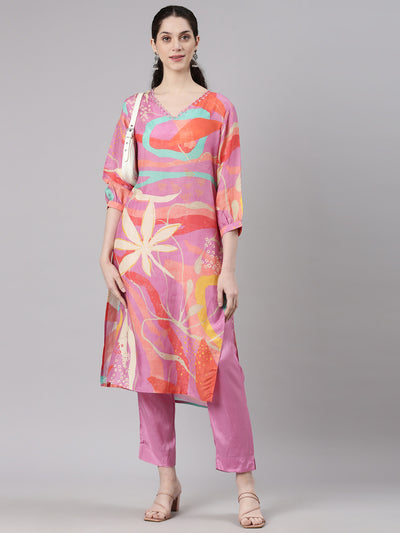 Neerus Pink Straight Casual Floral Kurta and Trouser