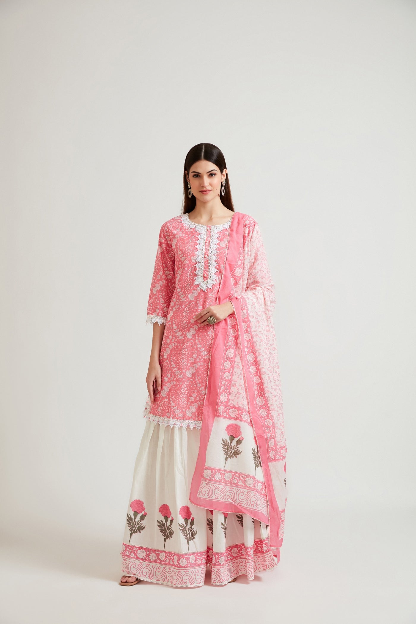 Neerus Women Pink Ethnic Motifs Embroidered Kurta with Sharara  With Dupatta