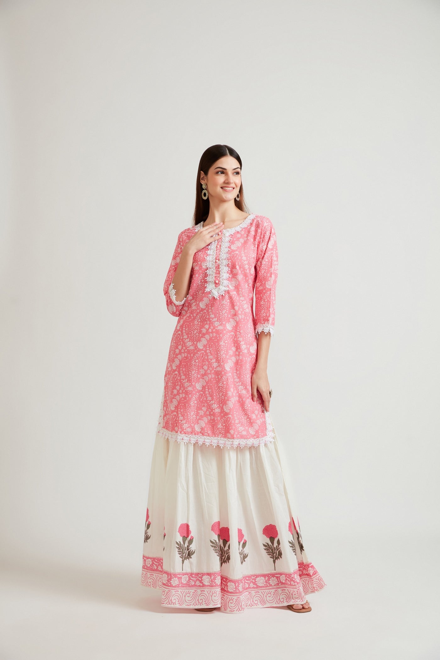 Neerus Women Pink Ethnic Motifs Embroidered Kurta with Sharara  With Dupatta