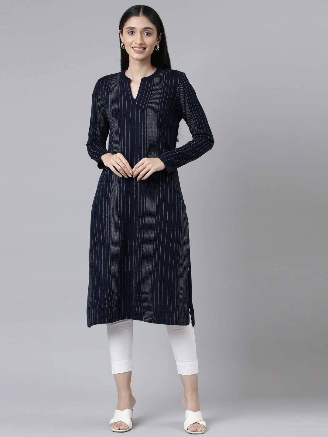 Neeru's Winter Wear Navy Blue Embellished Striped Acrylic Kurta For Women