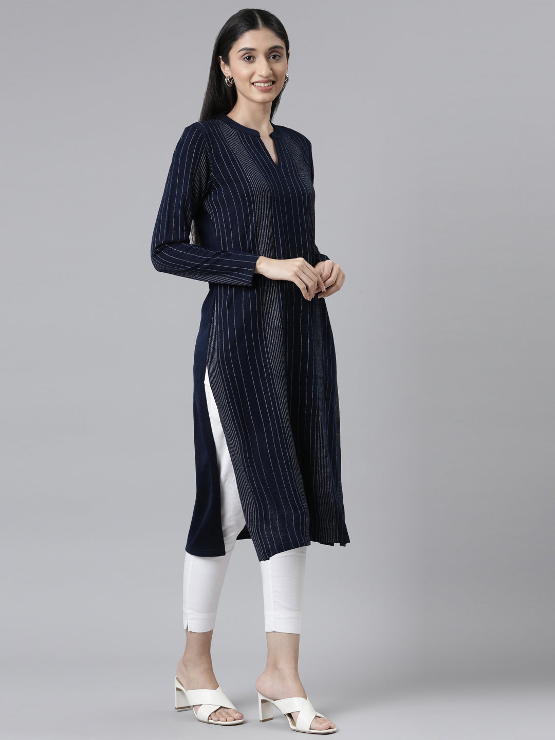 Neeru's Winter Wear Navy Blue Embellished Striped Acrylic Kurta For Women