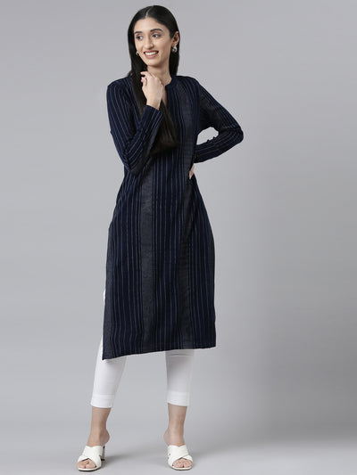 Neeru's Winter Wear Navy Blue Embellished Striped Acrylic Kurta For Women