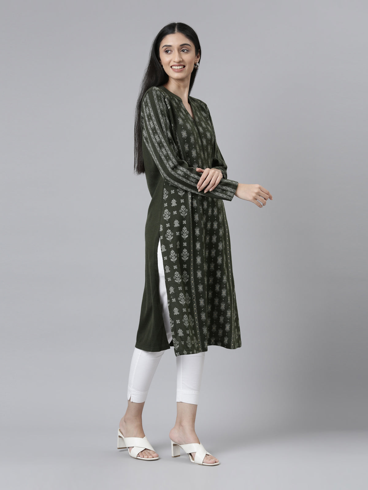 Neeru's Winter Wear Band Collar Ethnic Motifs Printed Straight Fit Acrylic Regular Kurta For Women