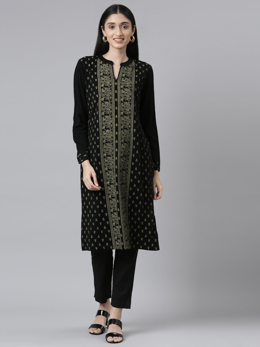 Neeru's Winter Wear Band Collar Ethnic Motifs Printed Straight Fit Acrylic Regular Kurta For Women