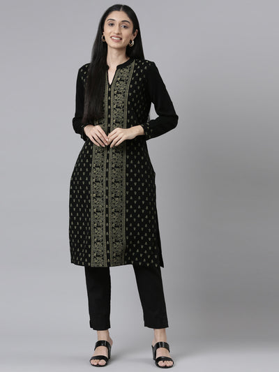 Neeru's Winter Wear Band Collar Ethnic Motifs Printed Straight Fit Acrylic Regular Kurta For Women