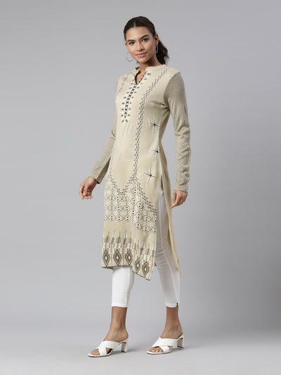 Neeru's Winter Wear Camel Brown Geometric Printed Acrylic Kurta For Women