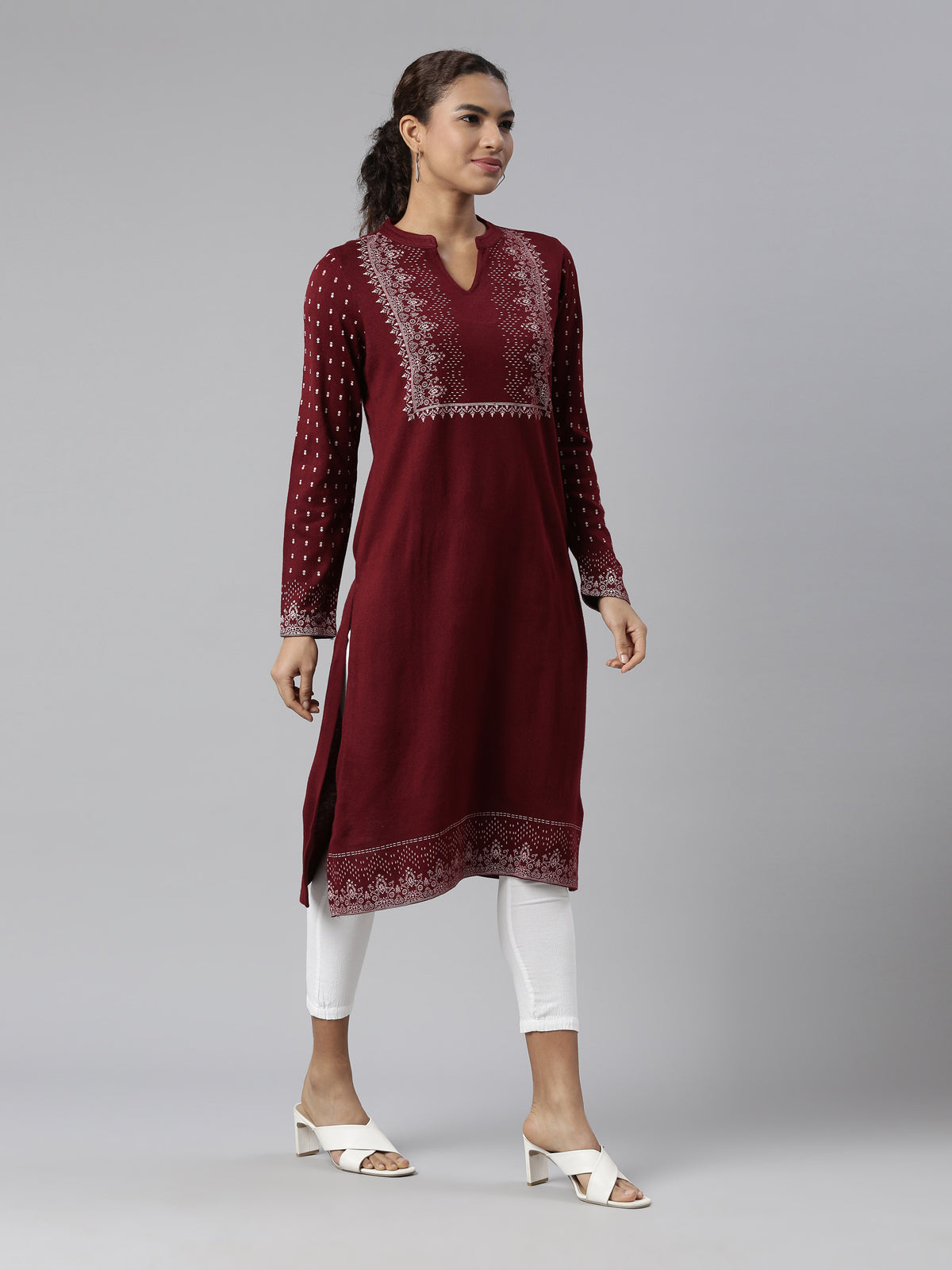 Neeru's Winter Wear Maroon Floral Printed Acrylic Kurta For Women