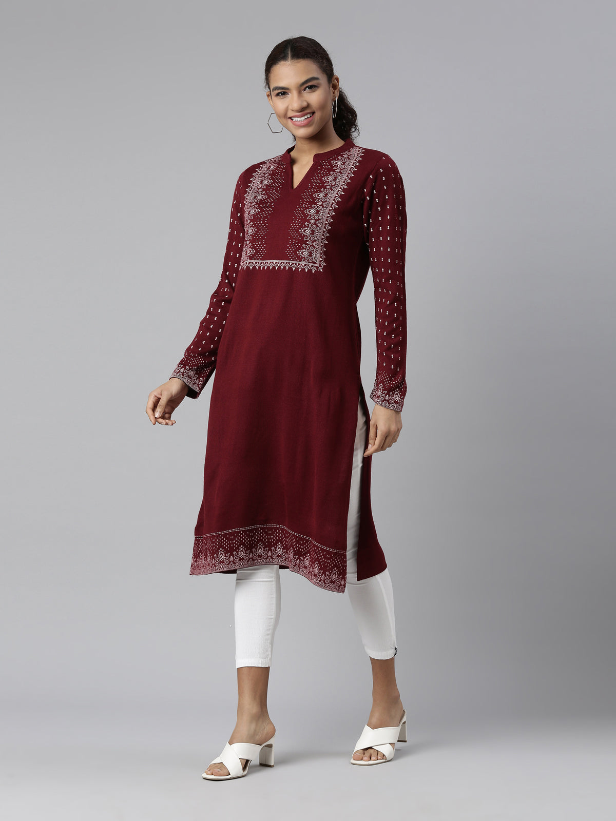 Neeru's Winter Wear Maroon Floral Printed Acrylic Kurta For Women