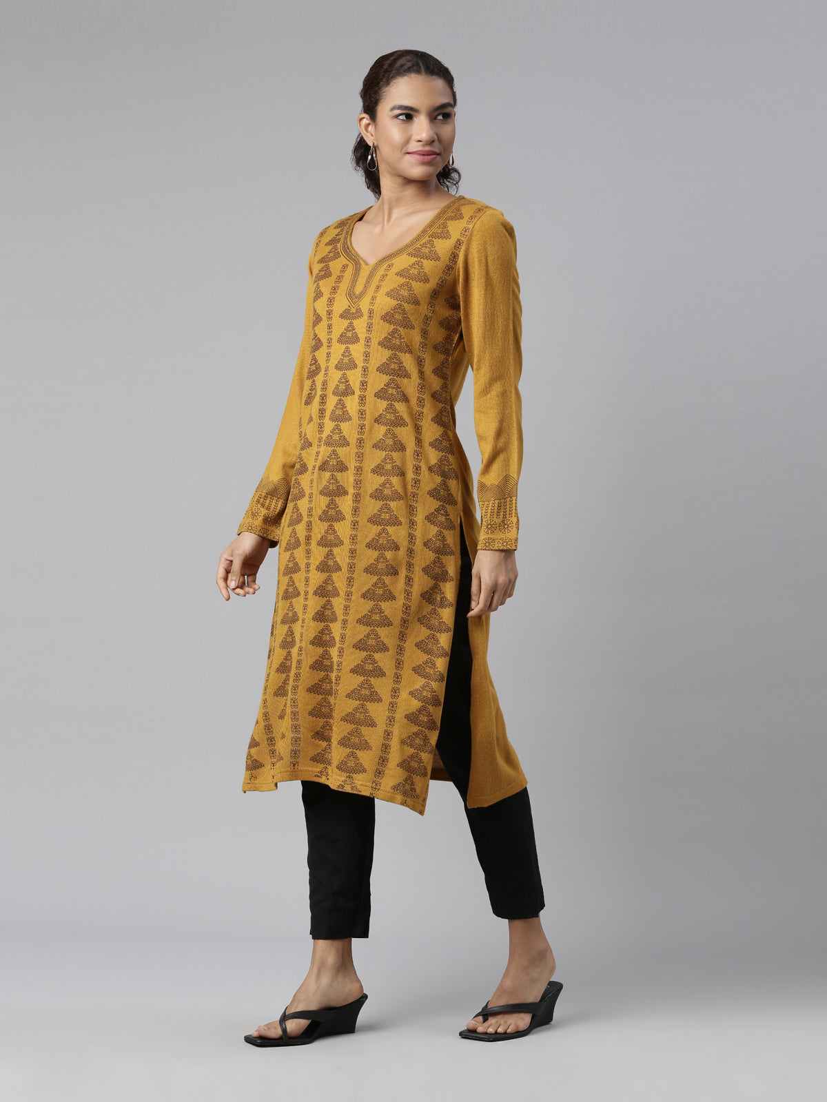 Neerus Women Mustard Yellow Ethnic Motifs Printed Winter Wear Kurta