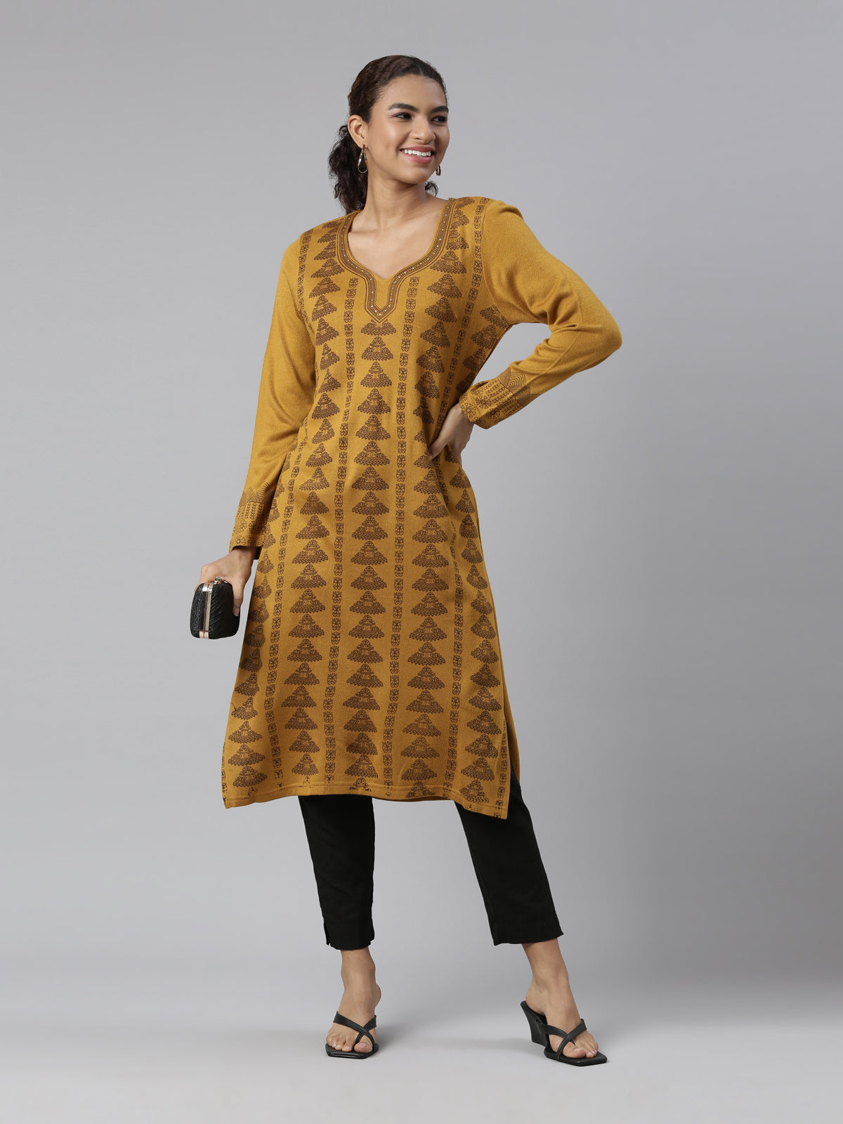 Neerus Women Mustard Yellow Ethnic Motifs Printed Winter Wear Kurta