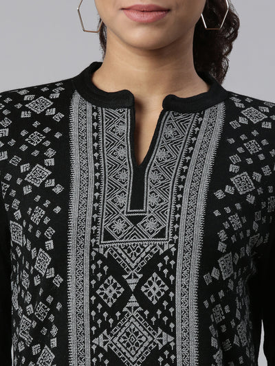 Neeru's Winter Wear Black Ethnic Motifs Printed Acrylic Kurta For Women