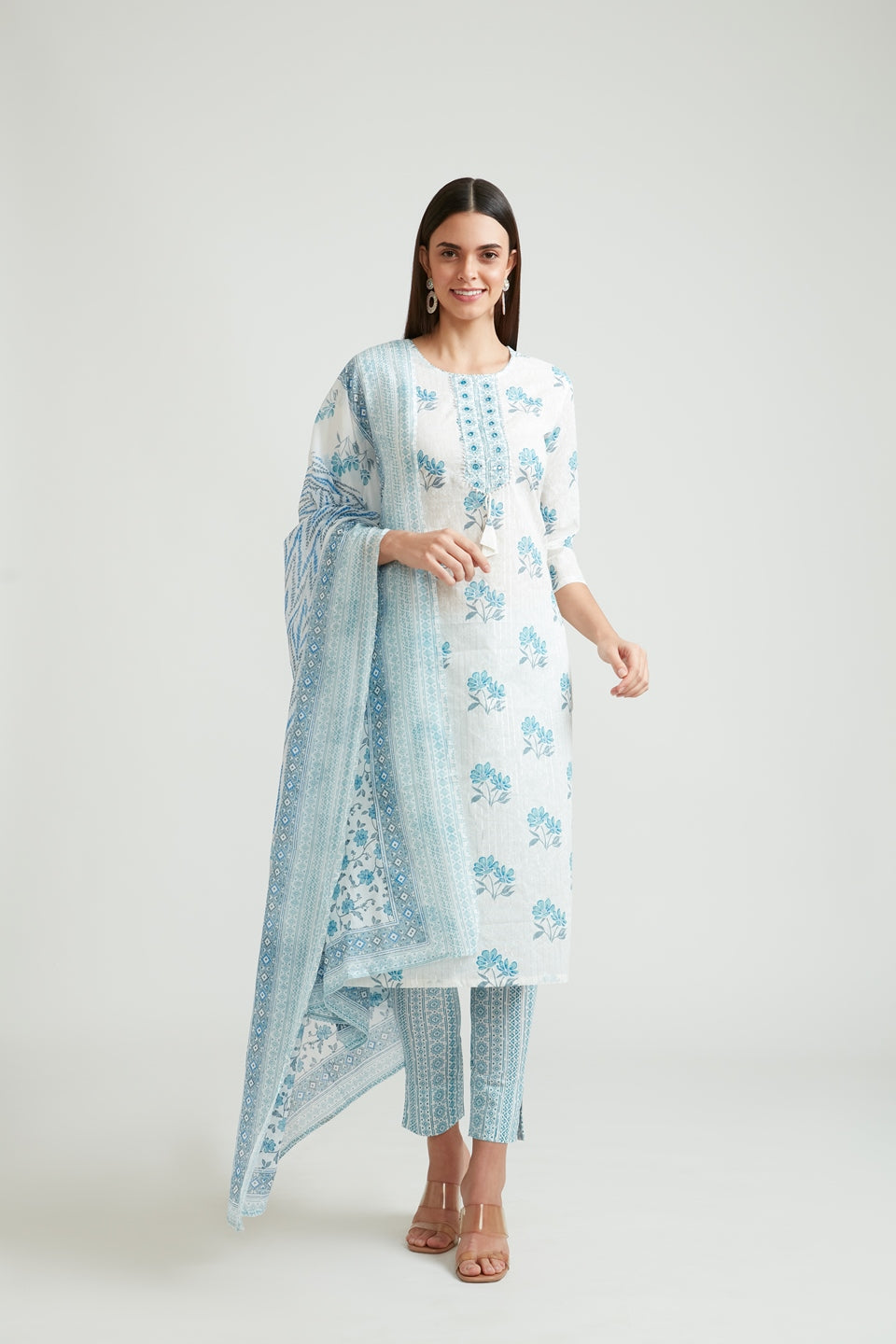 Neerus Women White and Blue Floral Printed Kurta with Trousers and Dupatta