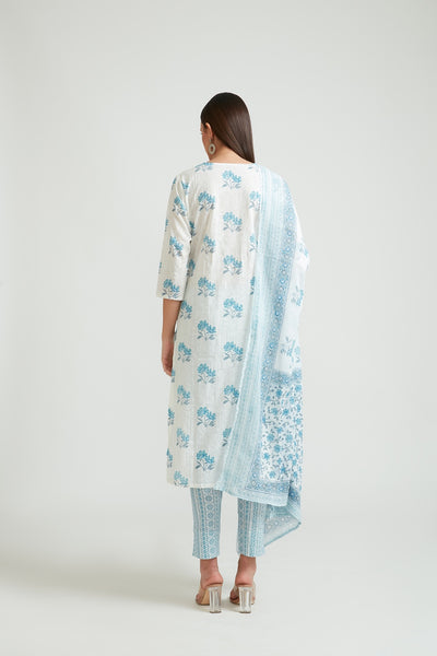 Neerus Women White and Blue Floral Printed Kurta with Trousers and Dupatta